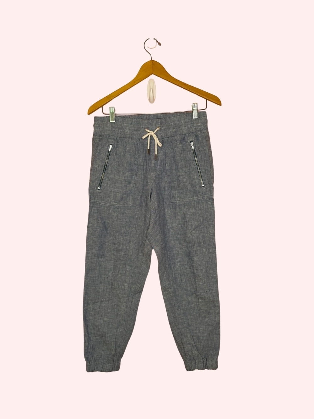 Athleta Denim Linen Drawstring Joggers with Zipper Pockets
